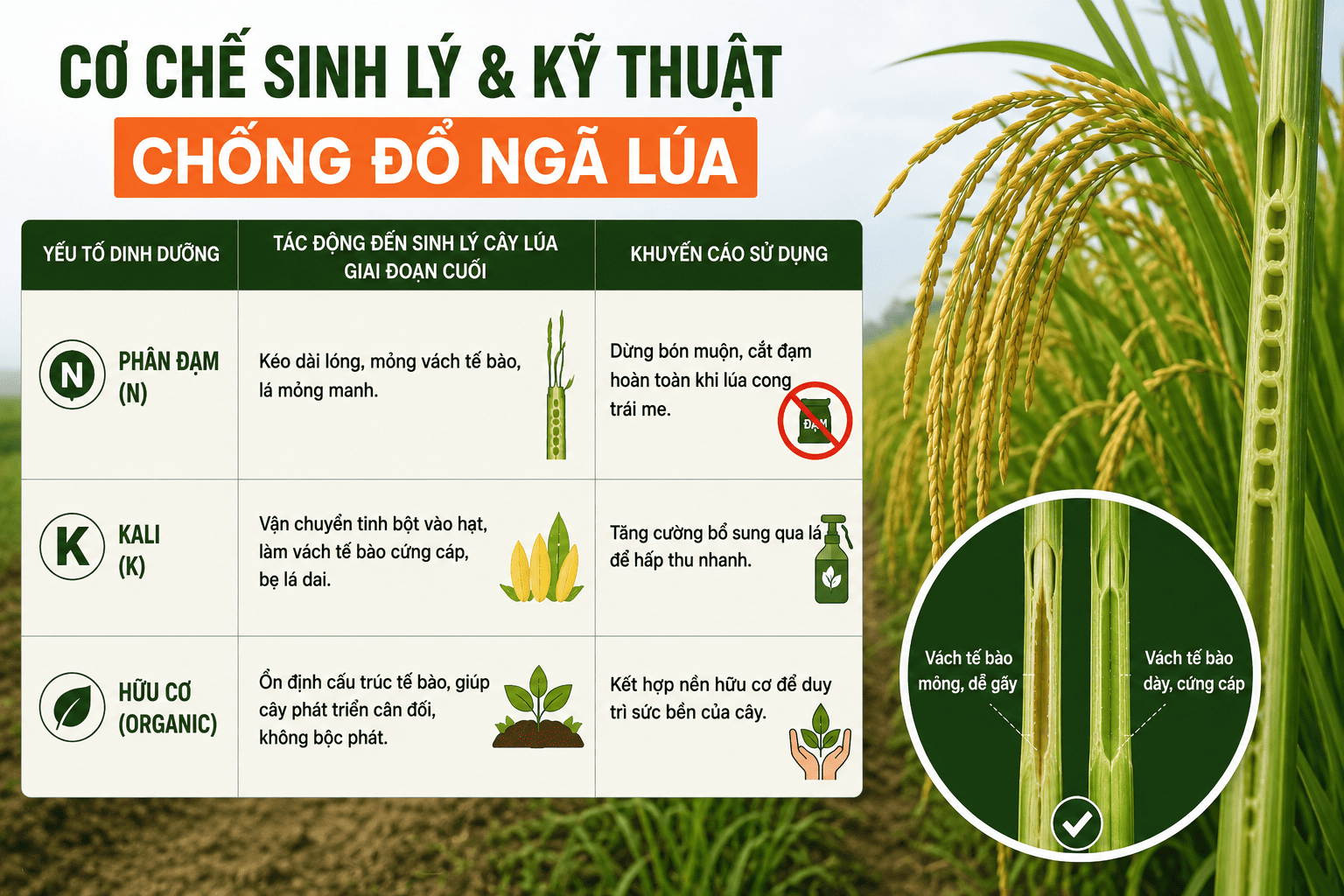 Bổ sung đúng dinh dưỡng giúp vách tế bào thân lúa dày dặn, chịu lực tốt